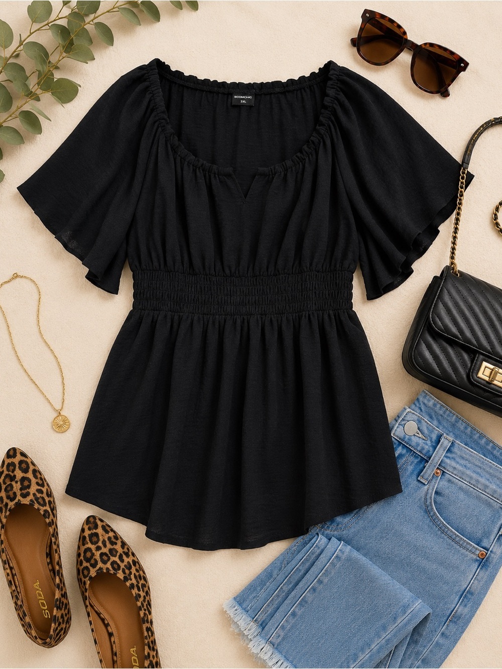 Scomchic Black Peasant Tunic Top 2XL Flutter Sleeve Boho Babydoll Blouse